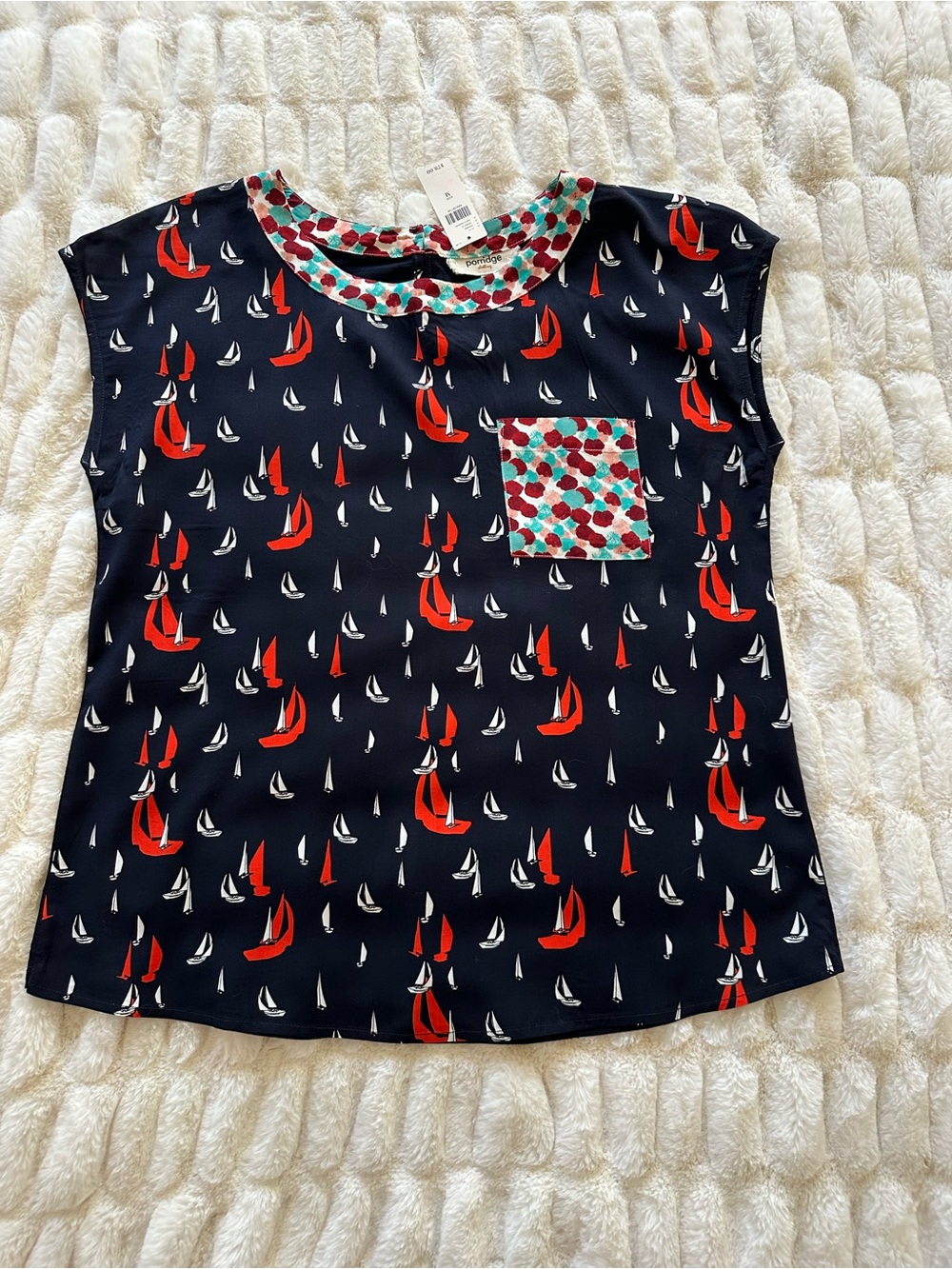Anthropologie Navy Short-Sleeve Tee with Red Sailboat Print and Multicolor Trim